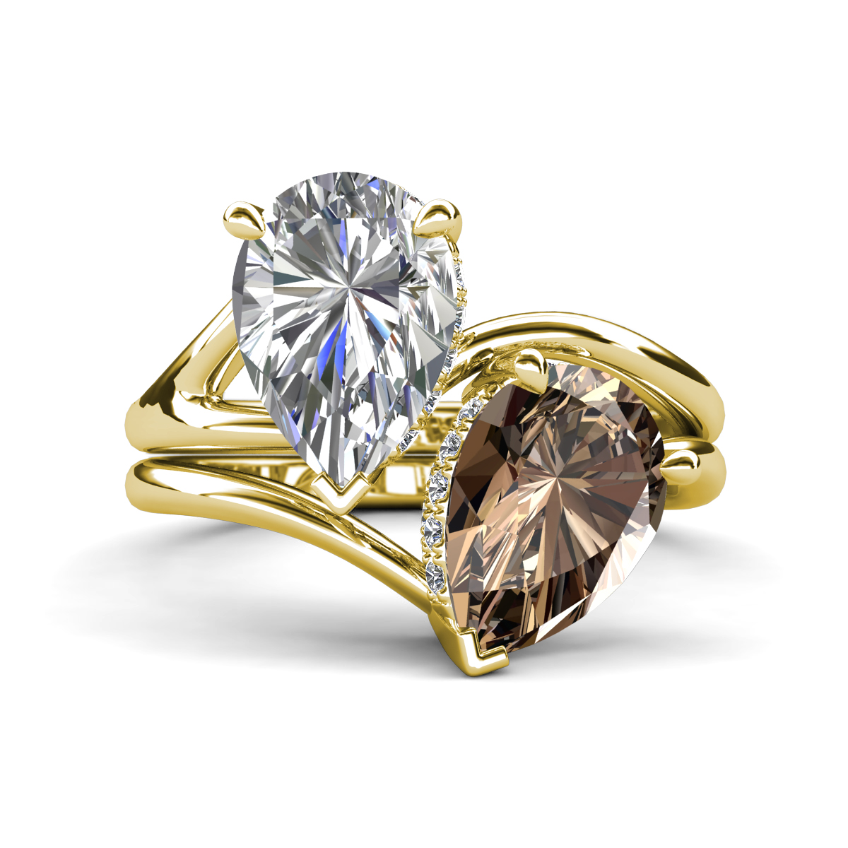 Hollie 4.31 ctw IGI Certified Pear Shape Lab Grown Diamond & Pear Shape Smoky Quartz Women 2 Stone Hidden Halo Engagement Ring 