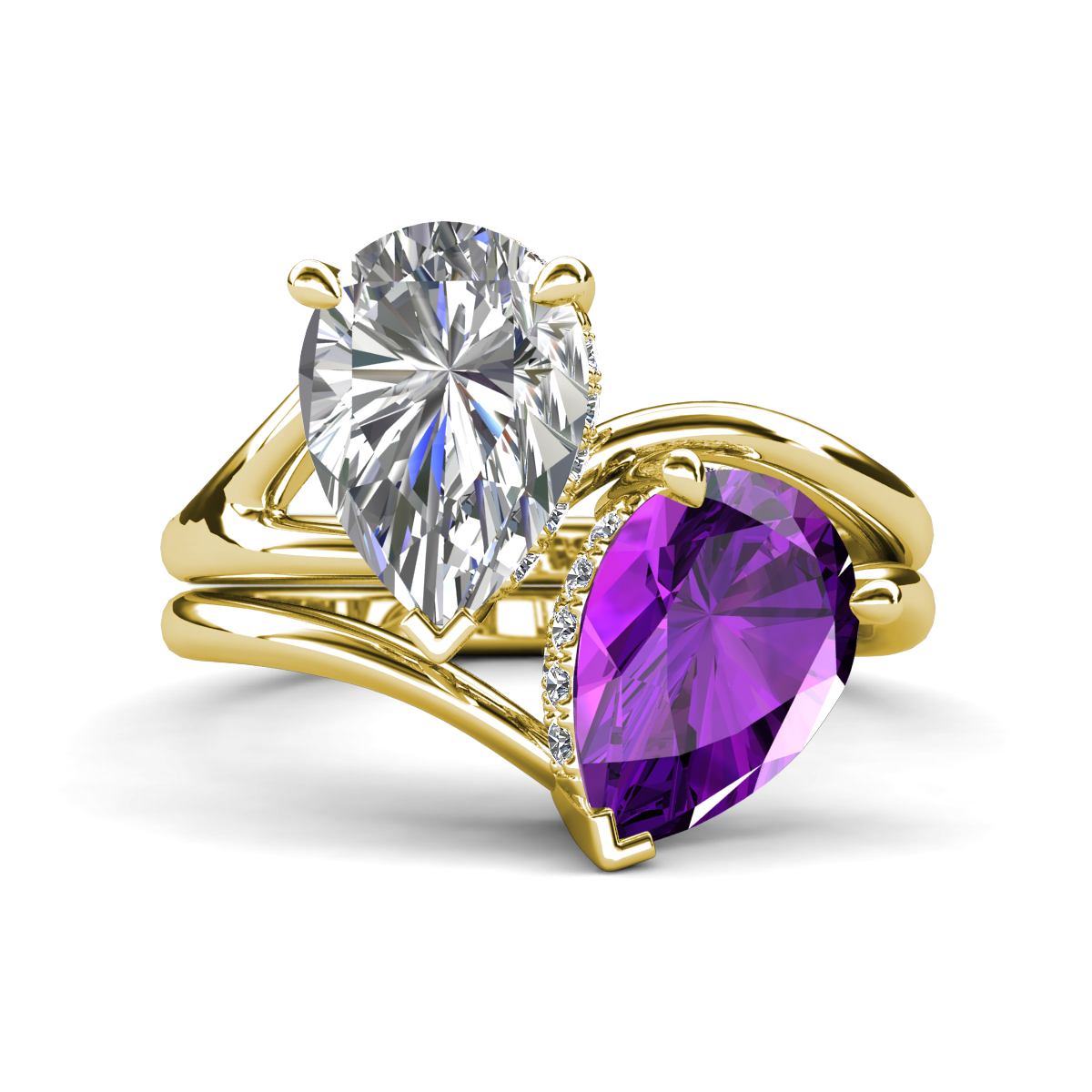 Hollie 4.16 ctw IGI Certified Pear Shape Lab Grown Diamond & Pear Shape Amethyst Women 2 Stone Hidden Halo Engagement Ring 