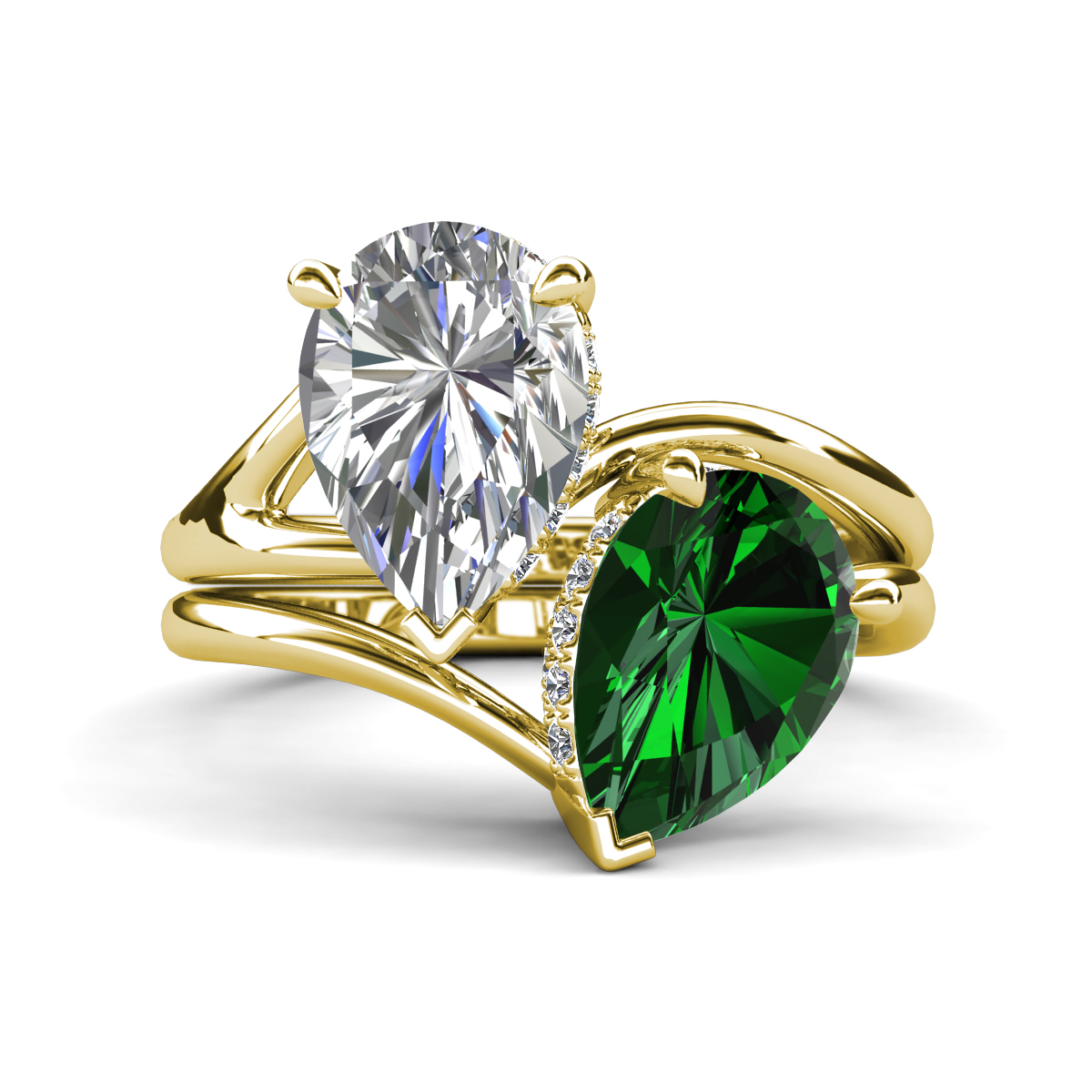Hollie 4.21 ctw IGI Certified Pear Shape Lab Grown Diamond & Pear Shape Created Emerald Women 2 Stone Hidden Halo Engagement Ring 