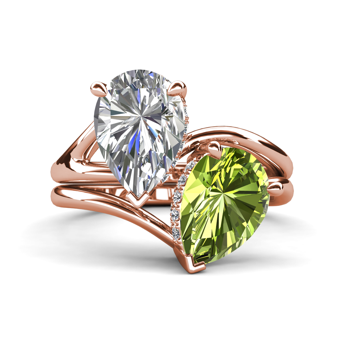 Hollie 4.66 ctw IGI Certified Pear Shape Lab Grown Diamond & Pear Shape Peridot Women 2 Stone Hidden Halo Engagement Ring 