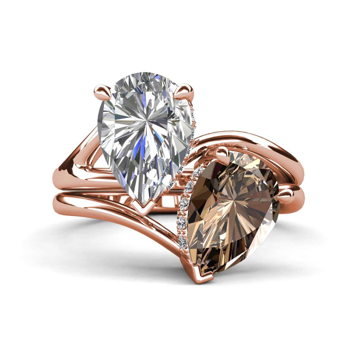 Hollie 4.31 ctw IGI Certified Pear Shape Lab Grown Diamond & Pear Shape Smoky Quartz Women 2 Stone Hidden Halo Engagement Ring 