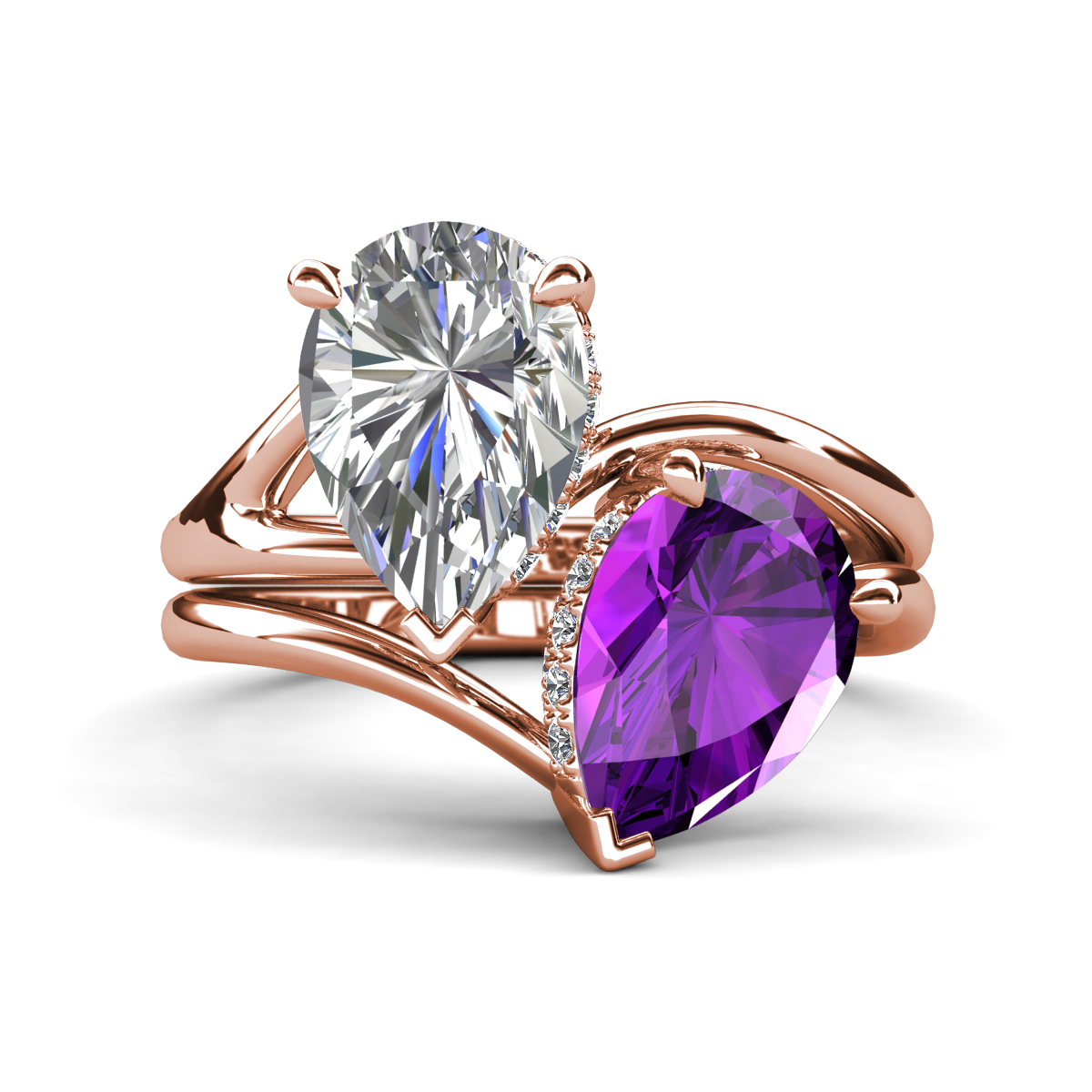 Hollie 4.16 ctw IGI Certified Pear Shape Lab Grown Diamond & Pear Shape Amethyst Women 2 Stone Hidden Halo Engagement Ring 