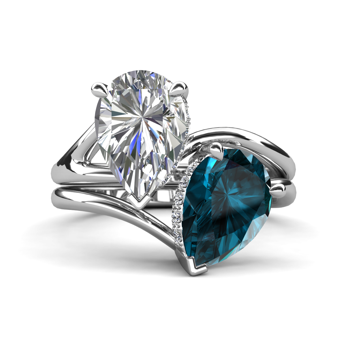 Hollie 4.81 ctw IGI Certified Pear Shape Lab Grown Diamond & Pear Shape London Blue Topaz Women 2 Stone Hidden Halo Engagement Ring 