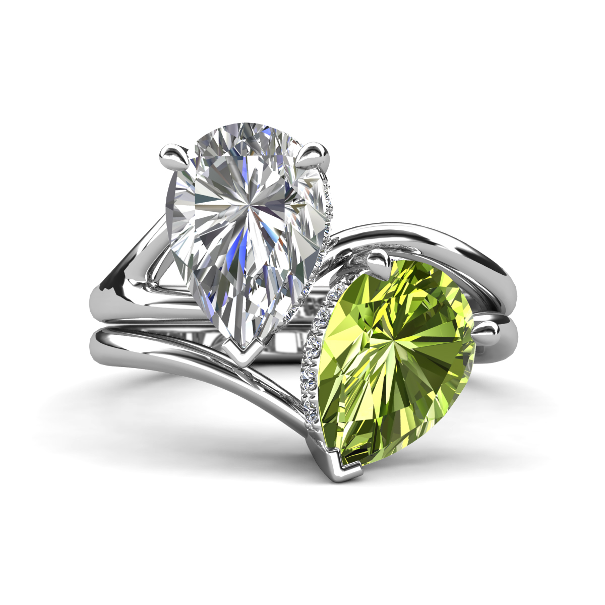Hollie 4.66 ctw IGI Certified Pear Shape Lab Grown Diamond & Pear Shape Peridot Women 2 Stone Hidden Halo Engagement Ring 