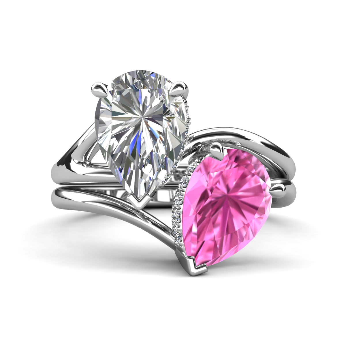 Hollie 4.96 ctw IGI Certified Pear Shape Lab Grown Diamond & Pear Shape Created Pink Sapphire Women 2 Stone Hidden Halo Engagement Ring 