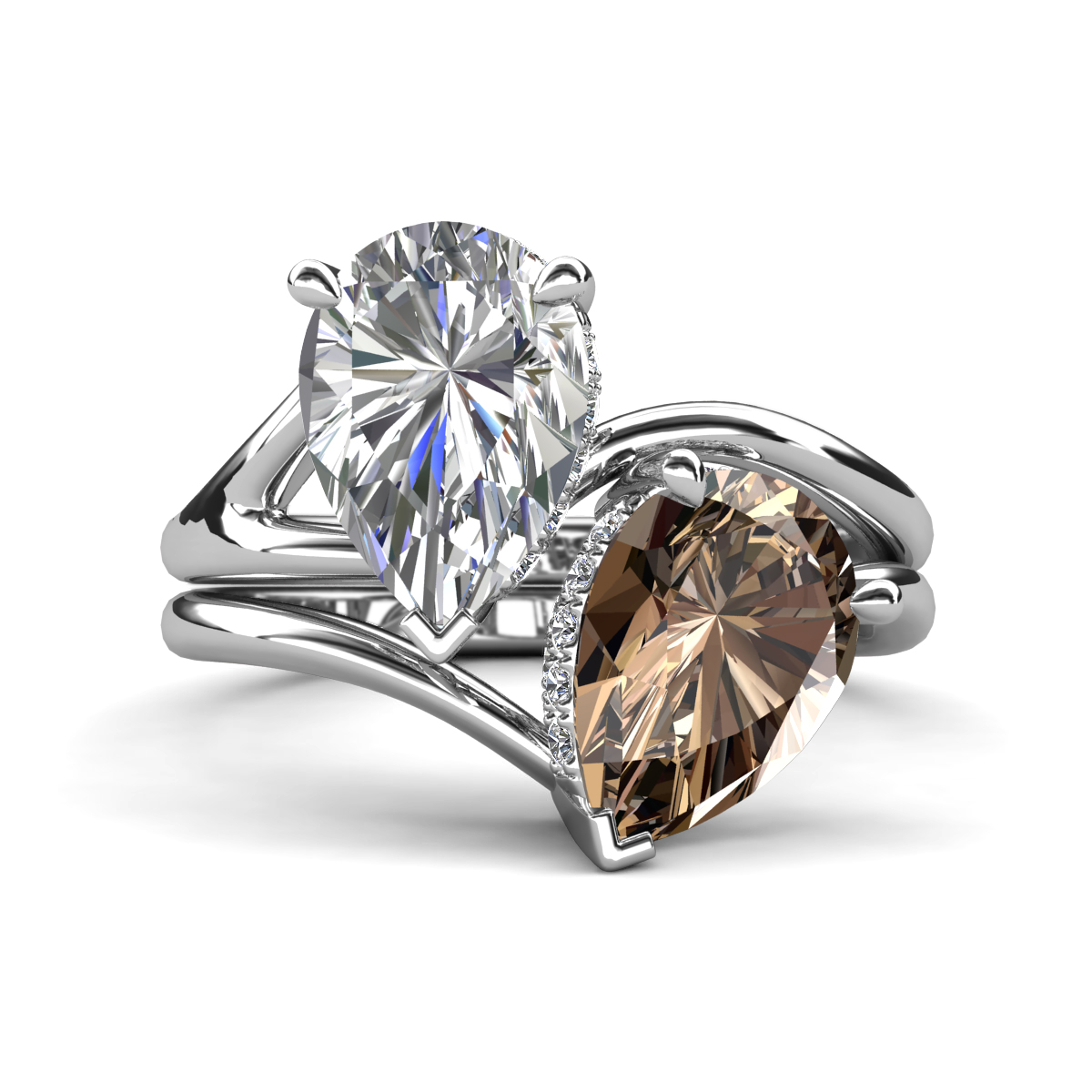 Hollie 4.31 ctw IGI Certified Pear Shape Lab Grown Diamond & Pear Shape Smoky Quartz Women 2 Stone Hidden Halo Engagement Ring 