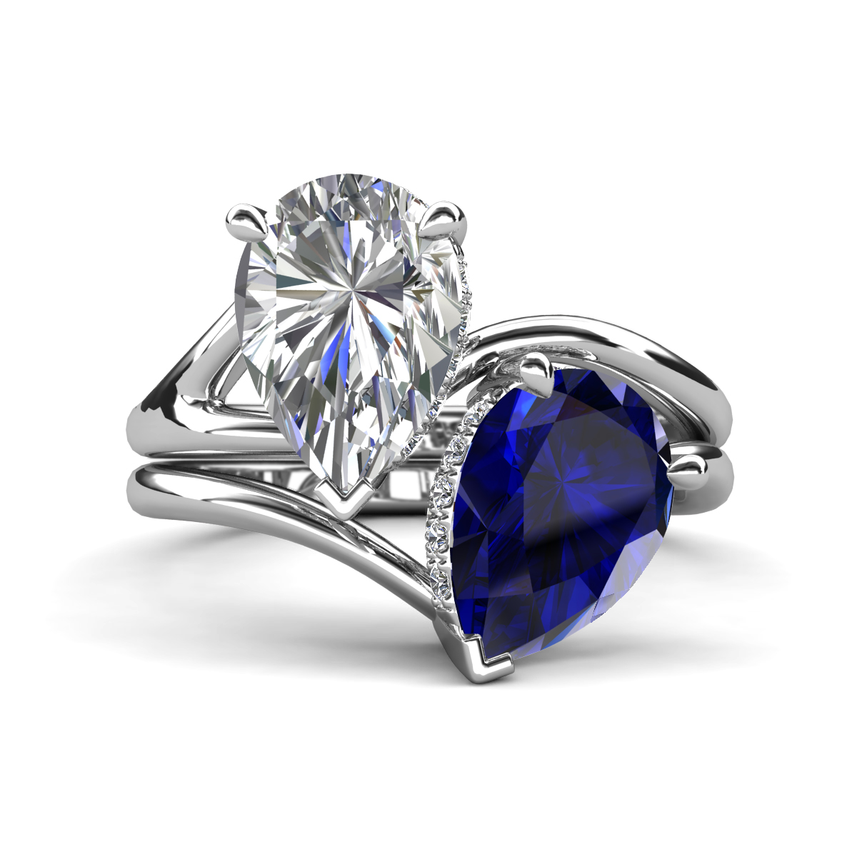 Hollie 4.96 ctw IGI Certified Pear Shape Lab Grown Diamond & Pear Shape Created Blue Sapphire Women 2 Stone Hidden Halo Engagement Ring 