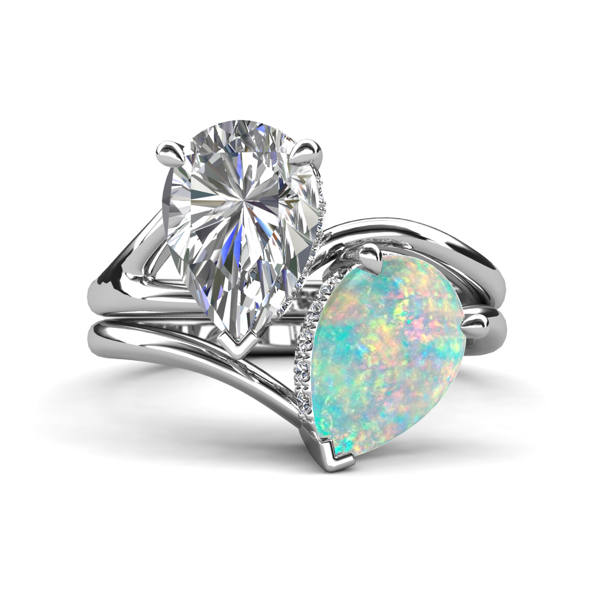 Hollie 3.41 ctw IGI Certified Pear Shape Lab Grown Diamond & Pear Shape Opal Women 2 Stone Hidden Halo Engagement Ring 
