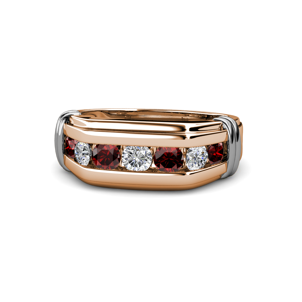 Brad 1.12 ctw Red Garnet and Lab Grown Diamond 7 Stone Men Wedding Ring 