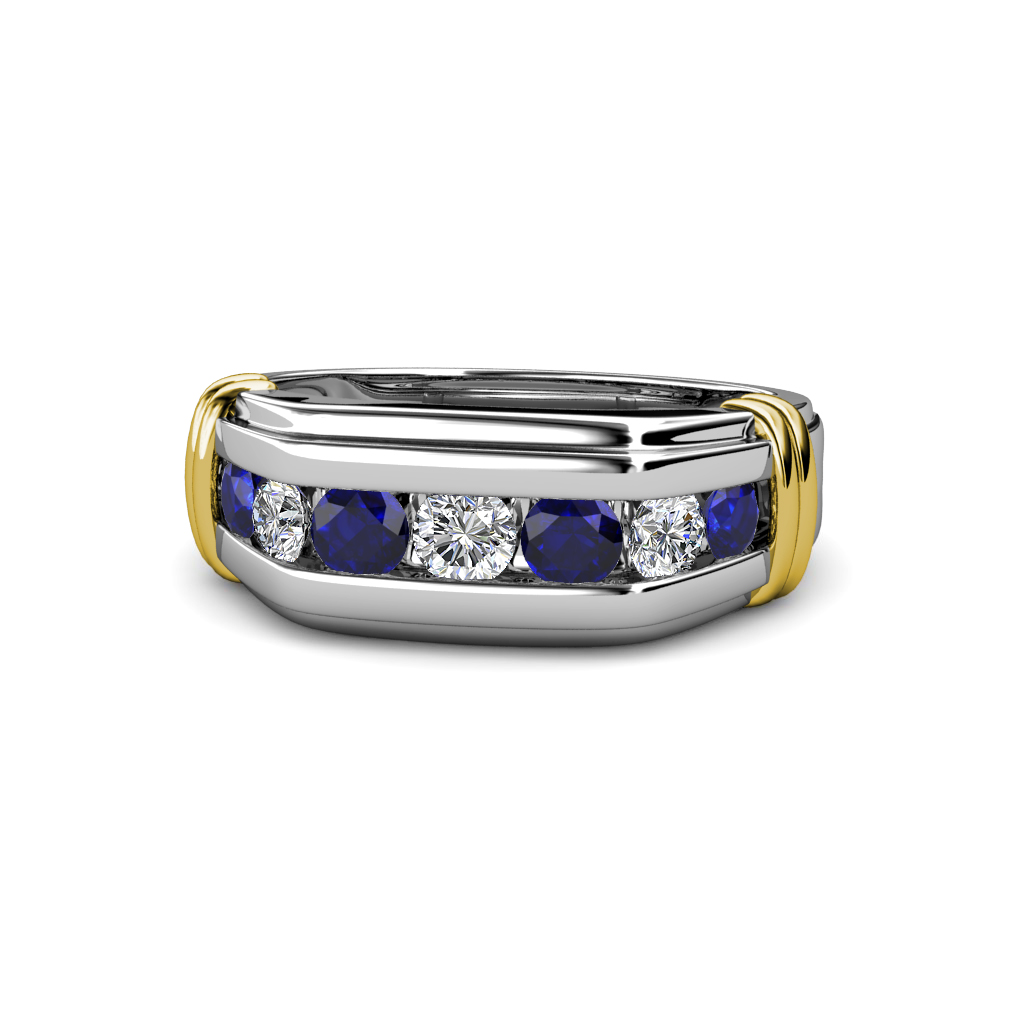 Brad 1.05 ctw Blue Sapphire and Lab Grown Diamond 7 Stone Men Wedding Ring 