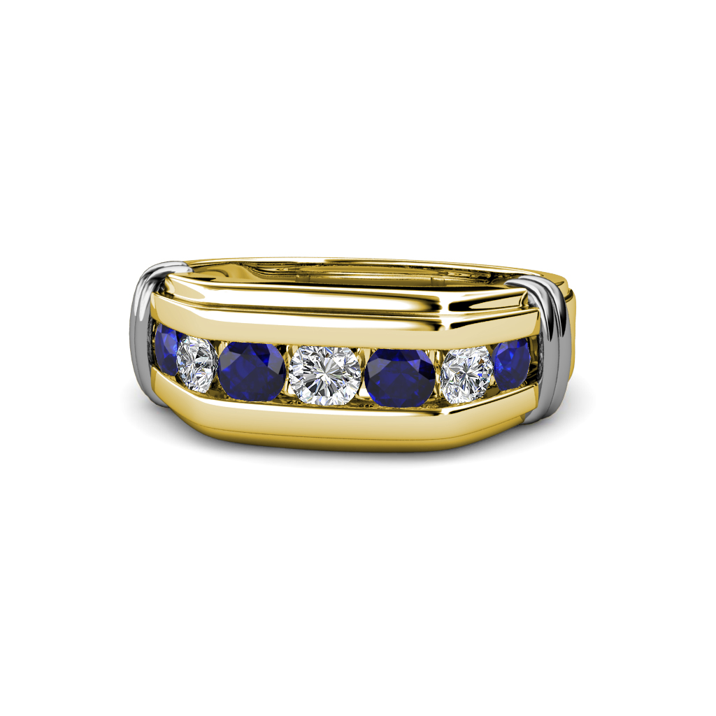 Brad 1.05 ctw Blue Sapphire and Lab Grown Diamond 7 Stone Men Wedding Ring 