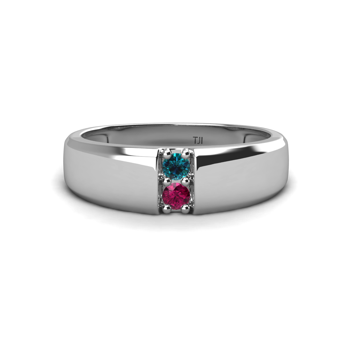 Ethan 3.00 mm Round Blue Diamond and Rhodolite Garnet 2 Stone Men Wedding Ring 
