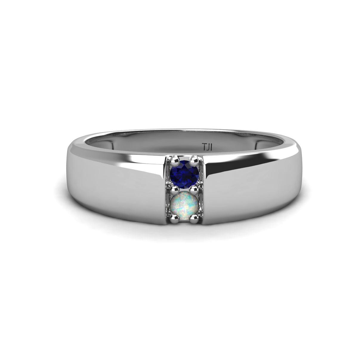 Ethan Round Blue Sapphire and Opal 2 Stone Men Wedding Ring (7.80 mm) 