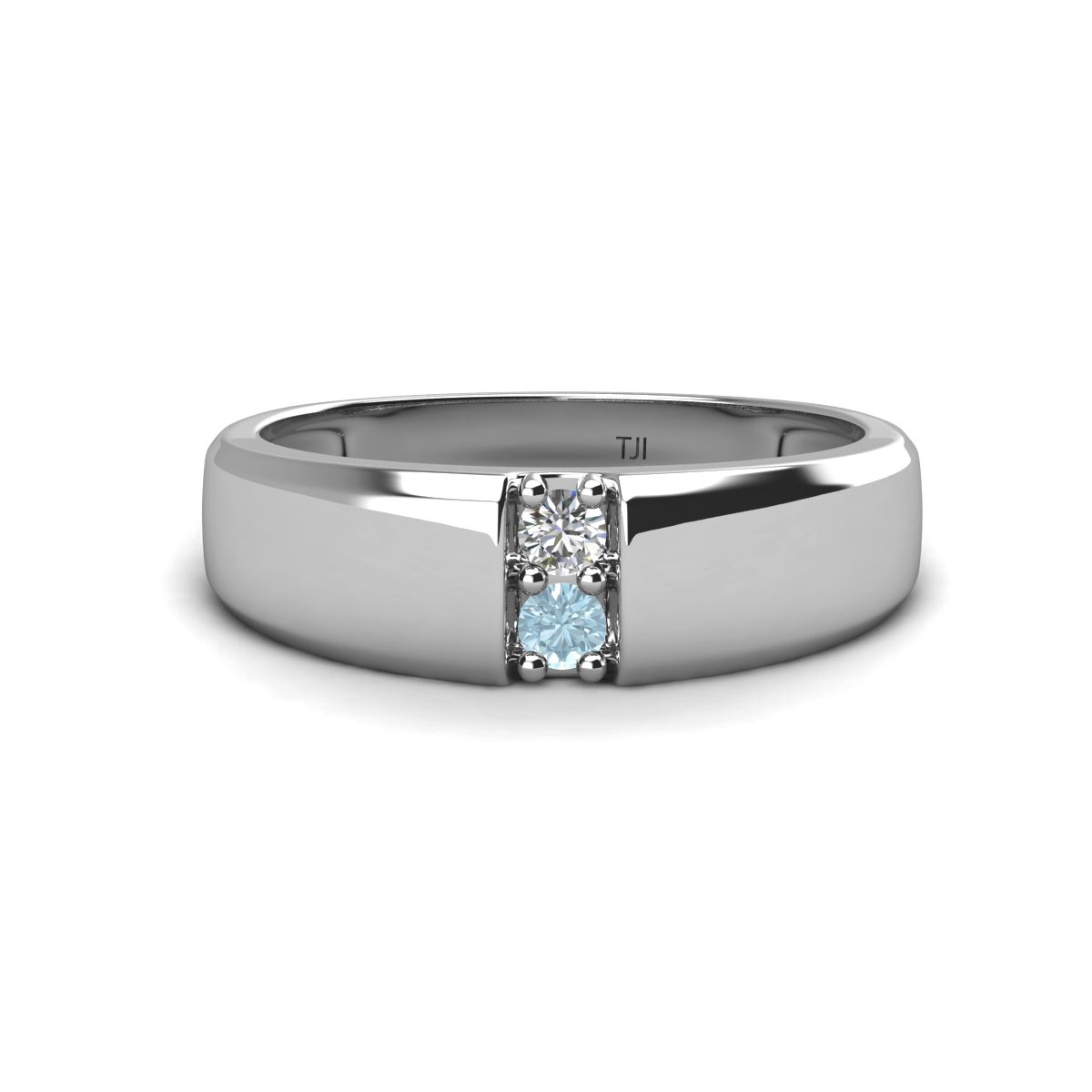 Ethan 3.00 mm Round Diamond and Aquamarine 2 Stone Men Wedding Ring 