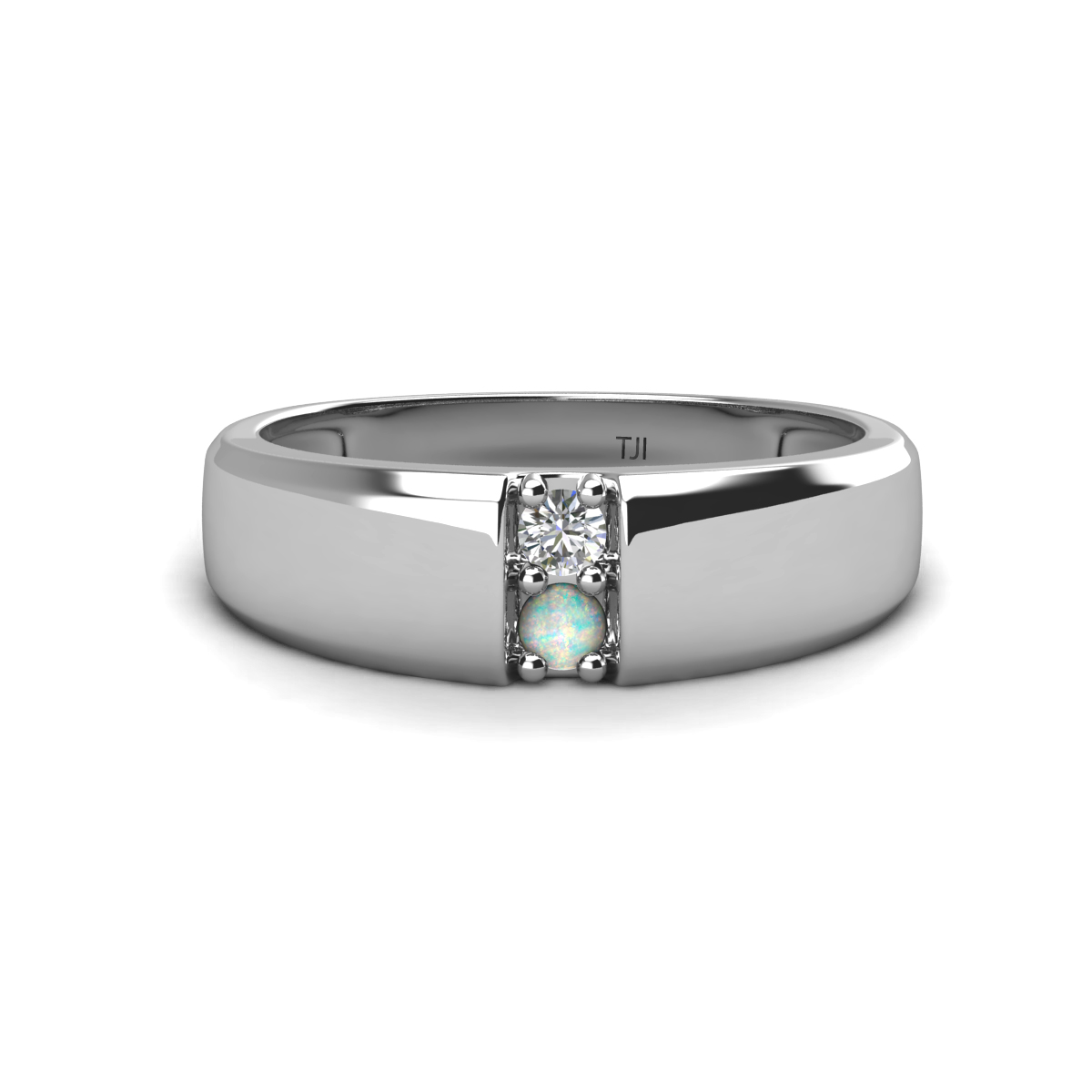 Ethan 3.00 mm Round Diamond and Opal 2 Stone Men Wedding Ring 