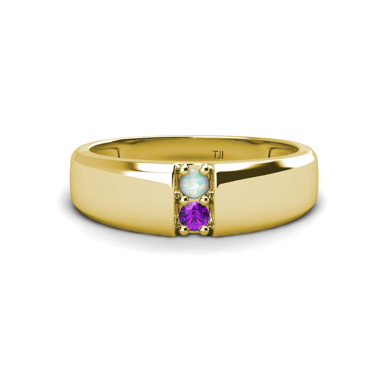 Ethan 3.00 mm Round Opal and Amethyst 2 Stone Men Wedding Ring 