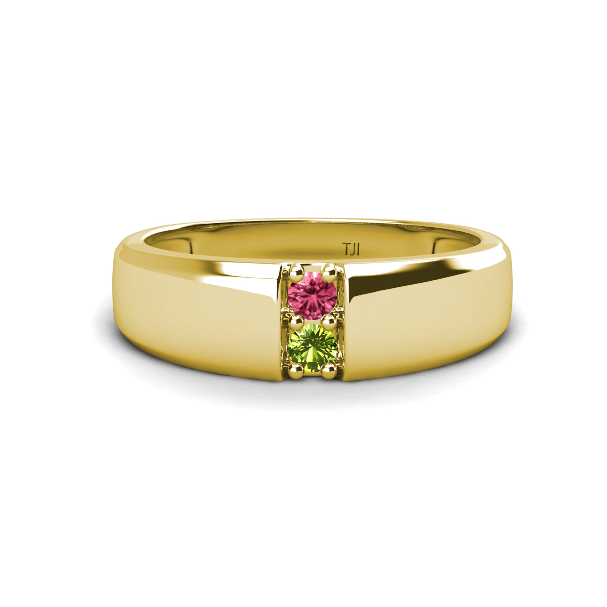 Ethan 3.00 mm Round Pink Tourmaline and Peridot 2 Stone Men Wedding Ring 