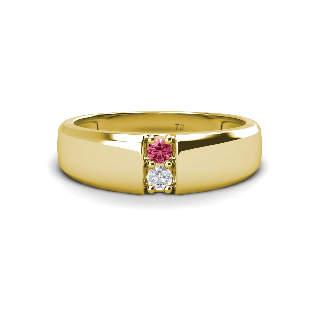 Ethan 3.00 mm Round Pink Tourmaline and White Sapphire 2 Stone Men Wedding Ring 