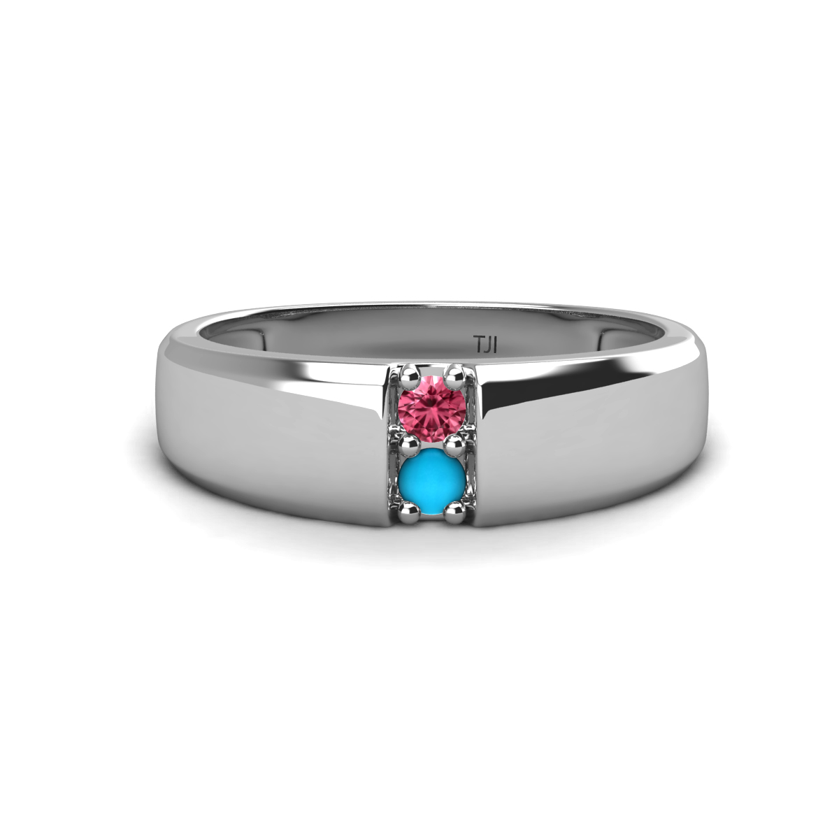Ethan 3.00 mm Round Rhodolite Garnet and Turquoise 2 Stone Men Wedding Ring 