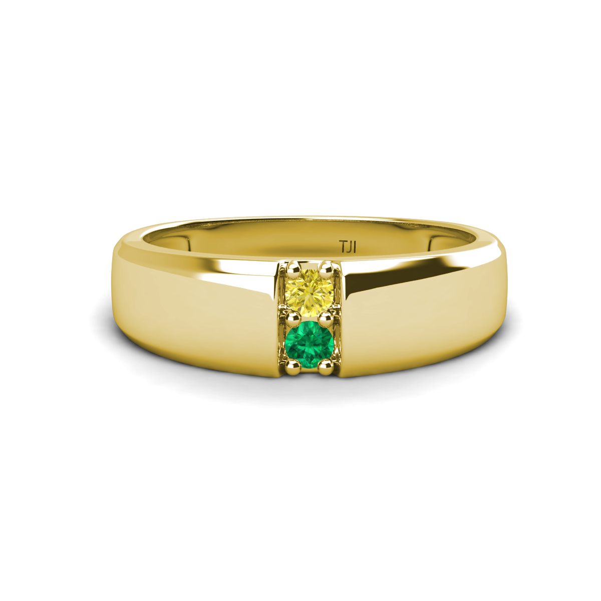 Ethan 3.00 mm Round Yellow Diamond and Emerald 2 Stone Men Wedding Ring 
