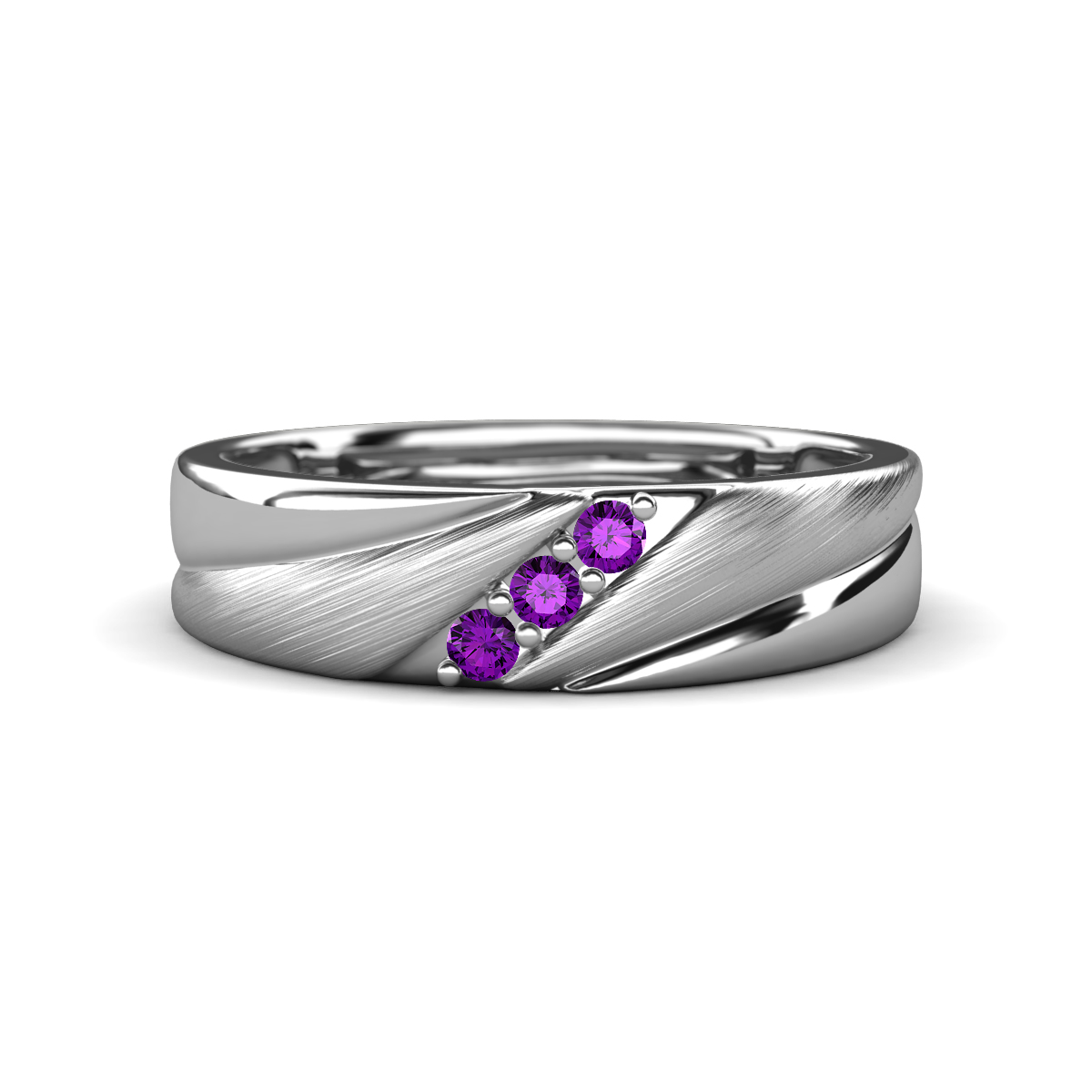 Amani Amethyst Angled Brushed and Polished Finish Men Three Stone Wedding Band (6 mm) 