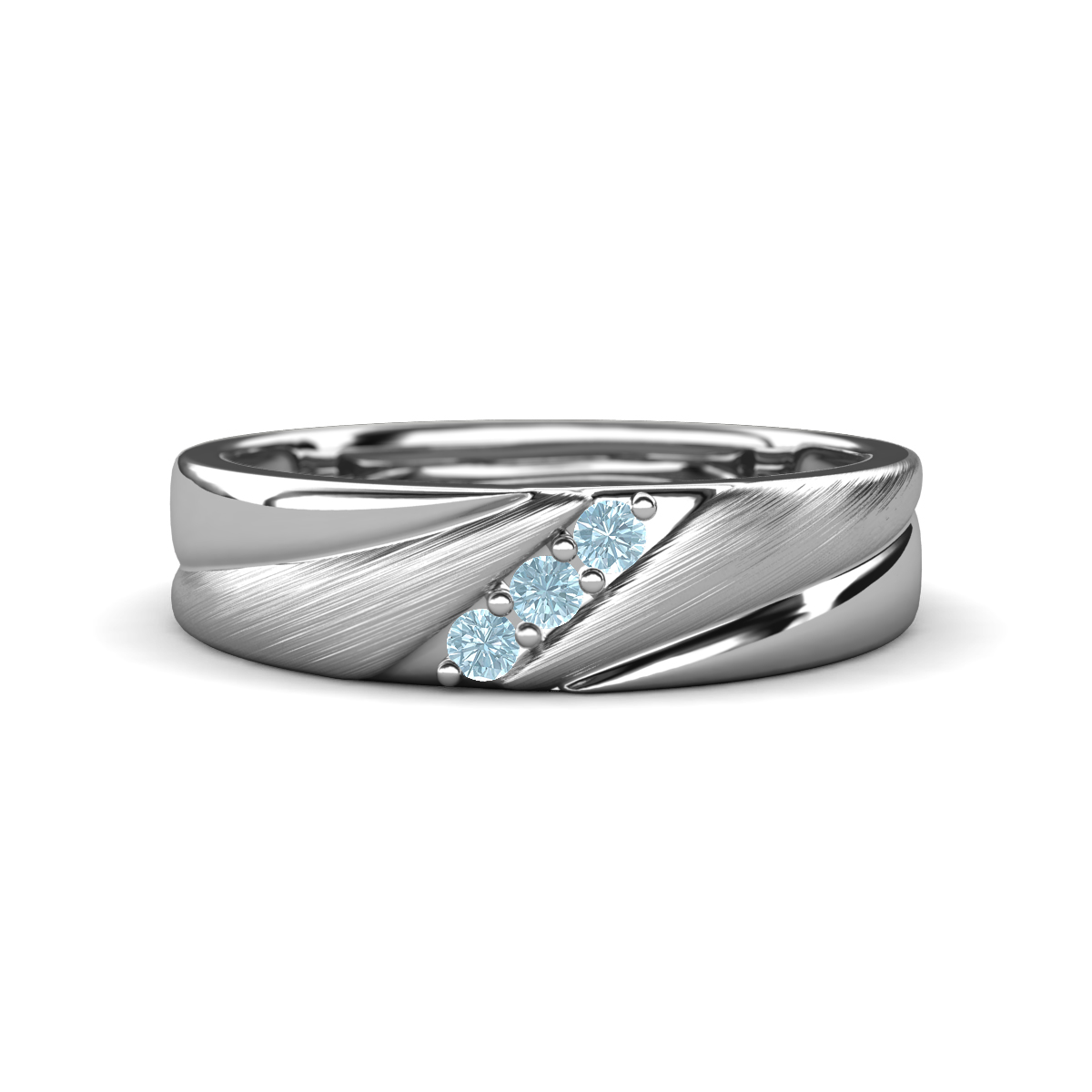 Amani Aquamarine Angled Brushed and Polished Finish Men Three Stone Wedding Band (6 mm) 