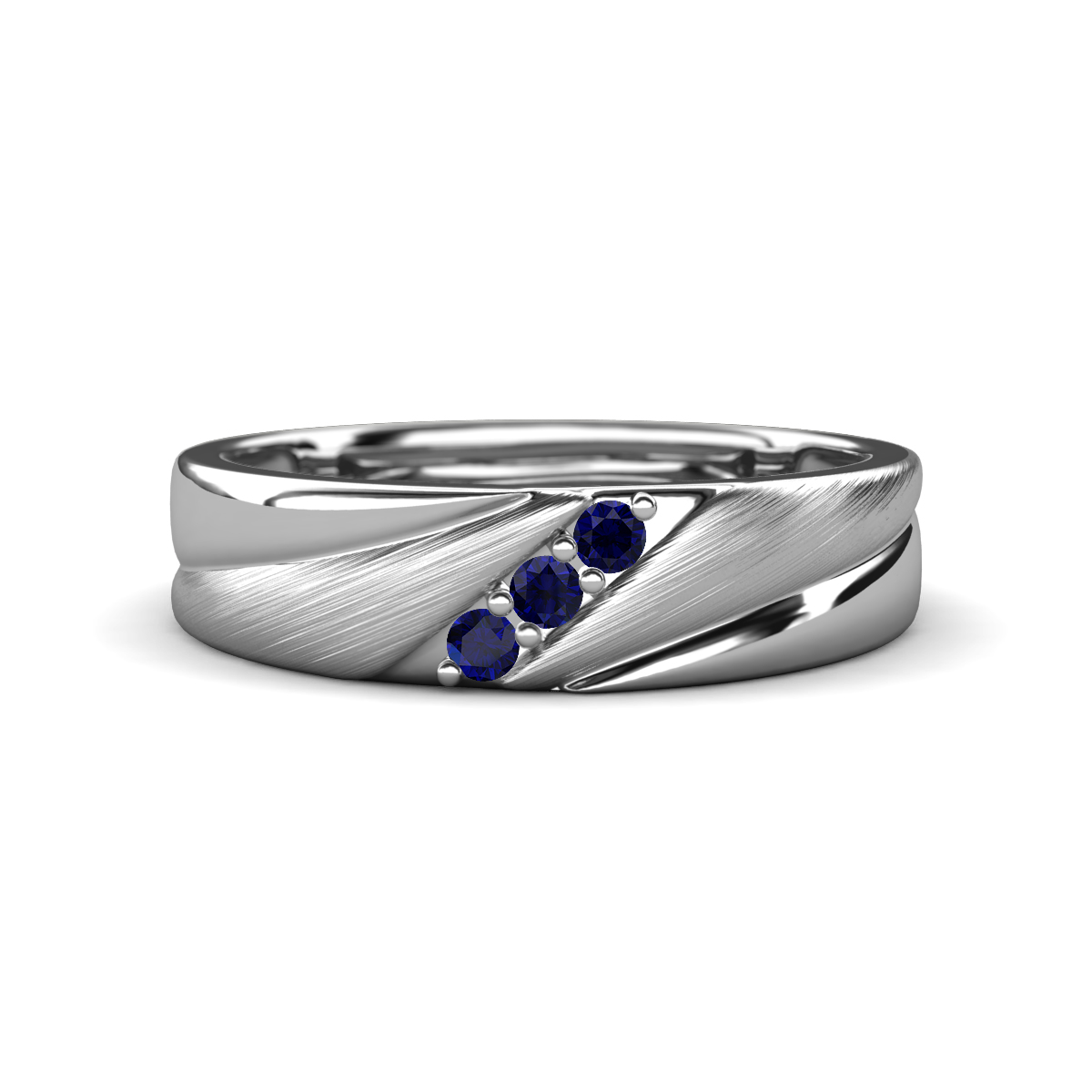 Amani Blue Sapphire Angled Brushed and Polished Finish Men Three Stone Wedding Band (6 mm) 
