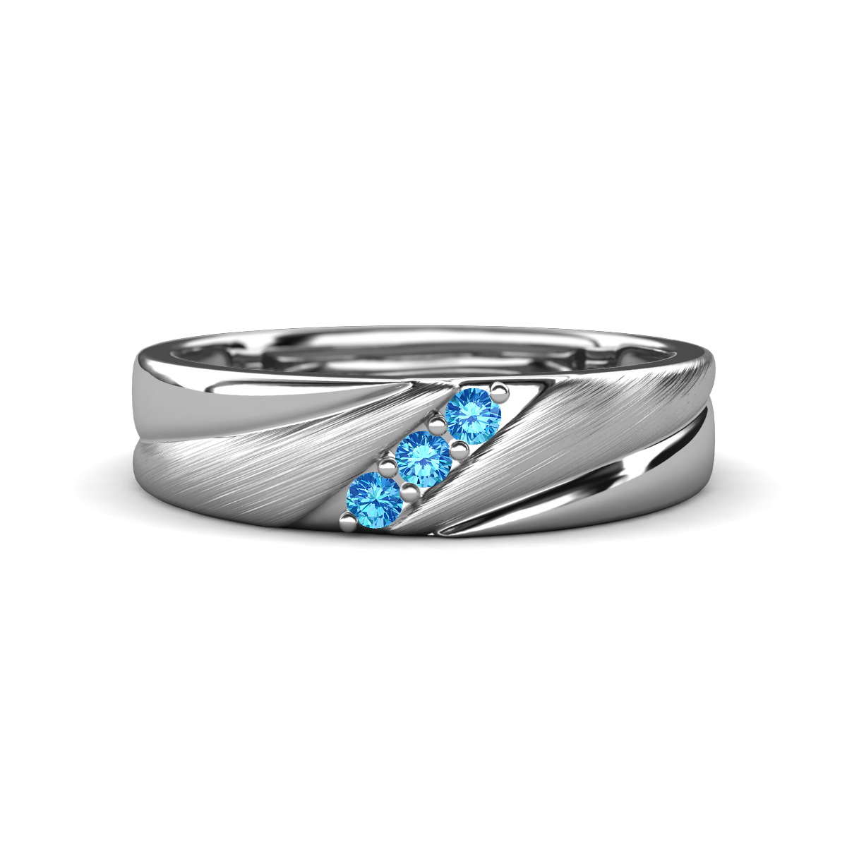 Amani Blue Topaz Angled Brushed and Polished Finish Men Three Stone Wedding Band (6 mm) 