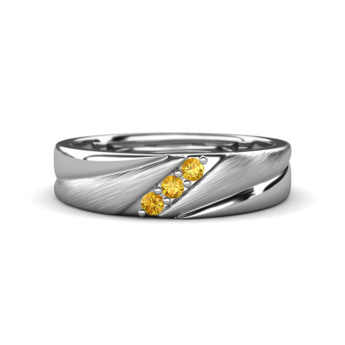 Amani Citrine Angled Brushed and Polished Finish Men Three Stone Wedding Band (6 mm) 