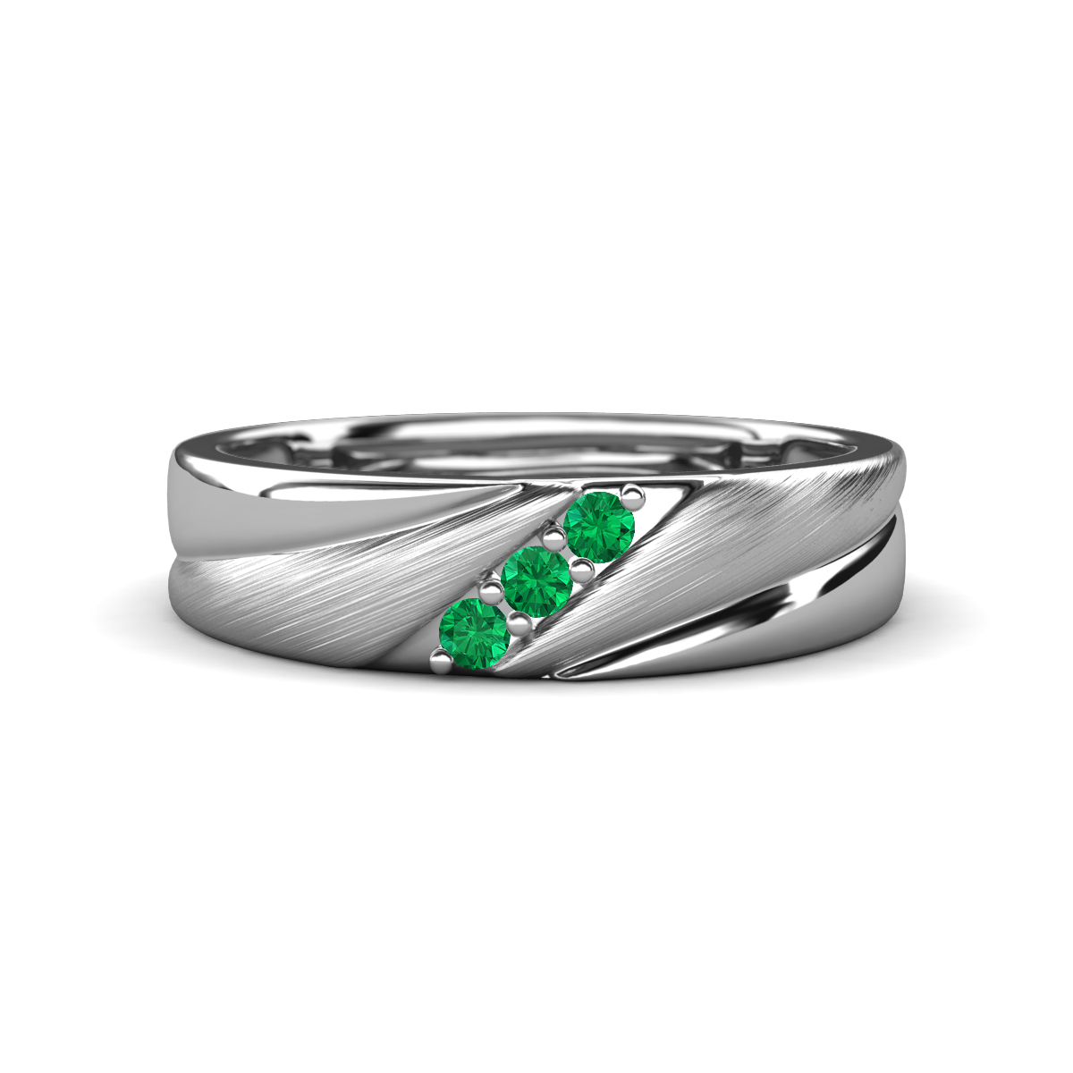 Amani Emerald Angled Brushed and Polished Finish Men Three Stone Wedding Band (6 mm) 
