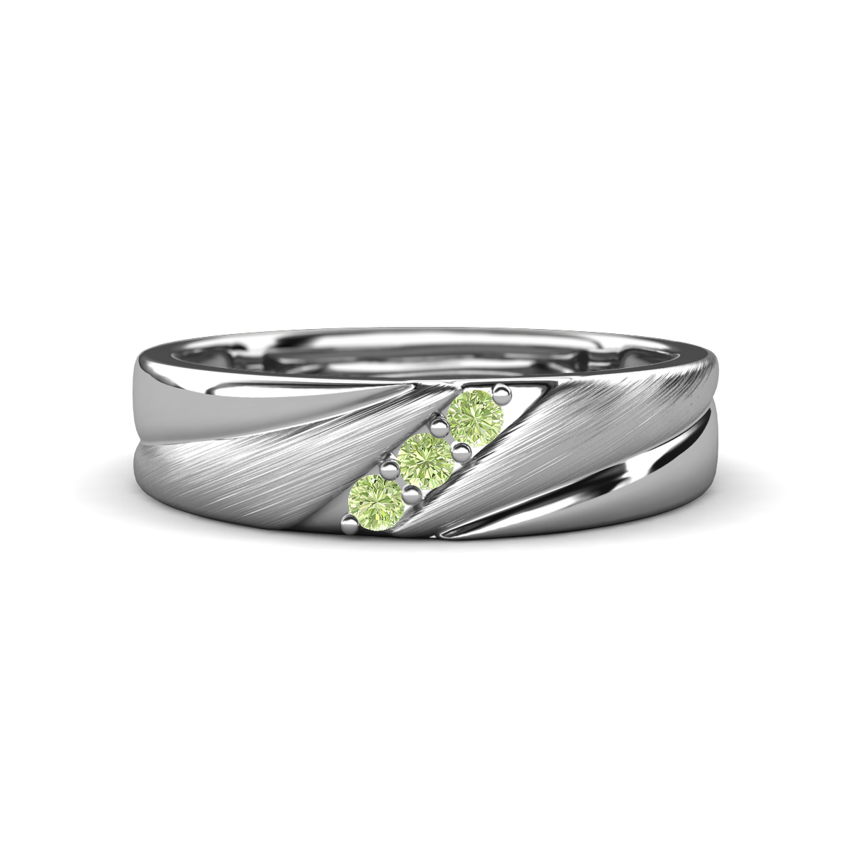 Amani Peridot Angled Brushed and Polished Finish Men Three Stone Wedding Band (6 mm) 