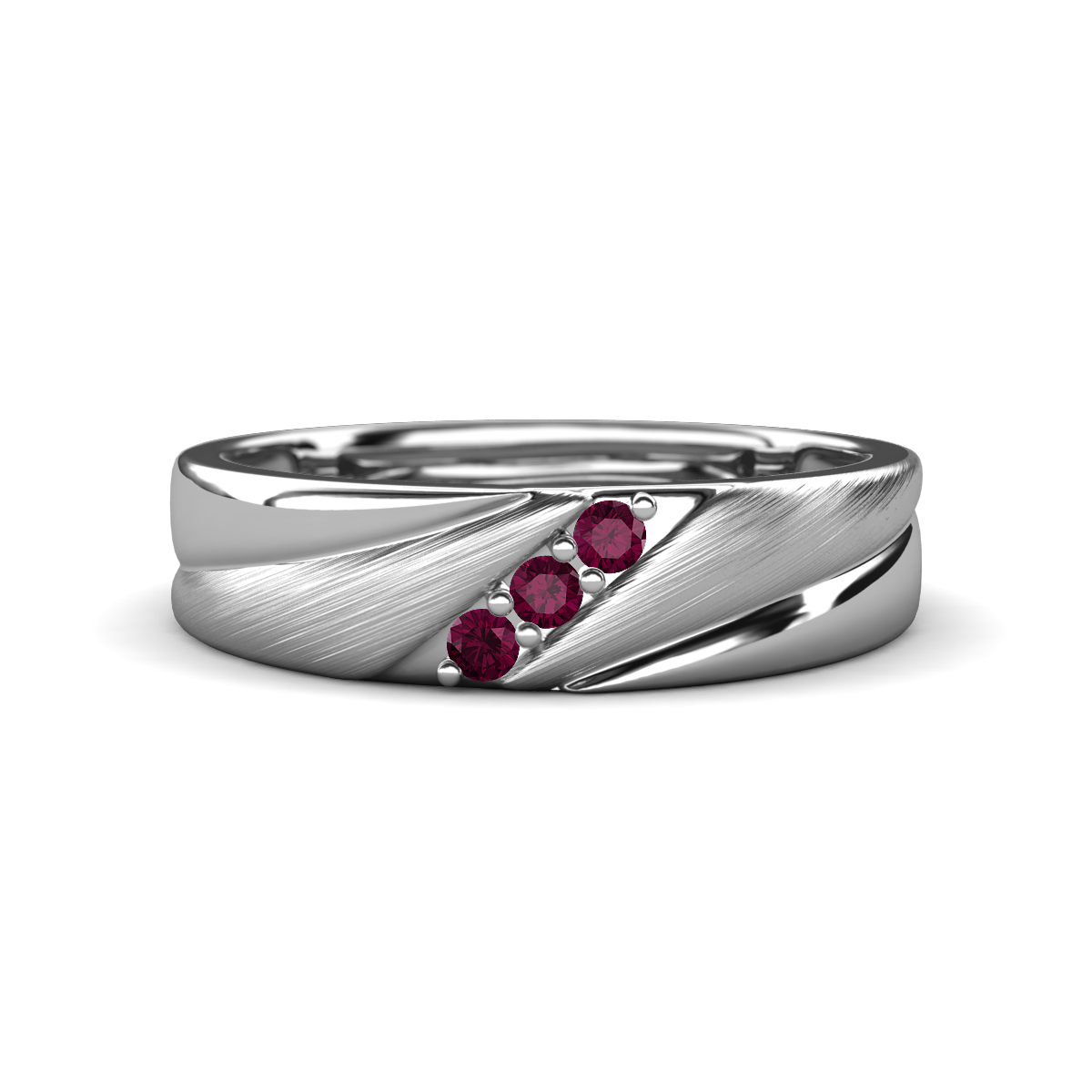 Amani Rhodolite Garnet Angled Brushed and Polished Finish Men Three Stone Wedding Band (6 mm) 