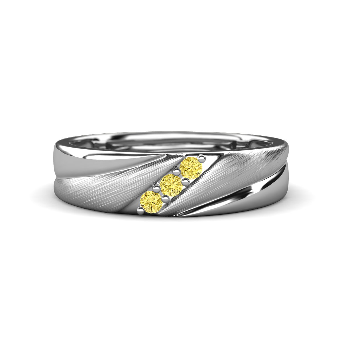 Amani Yellow Sapphire Angled Brushed and Polished Finish Men Three Stone Wedding Band (6 mm) 