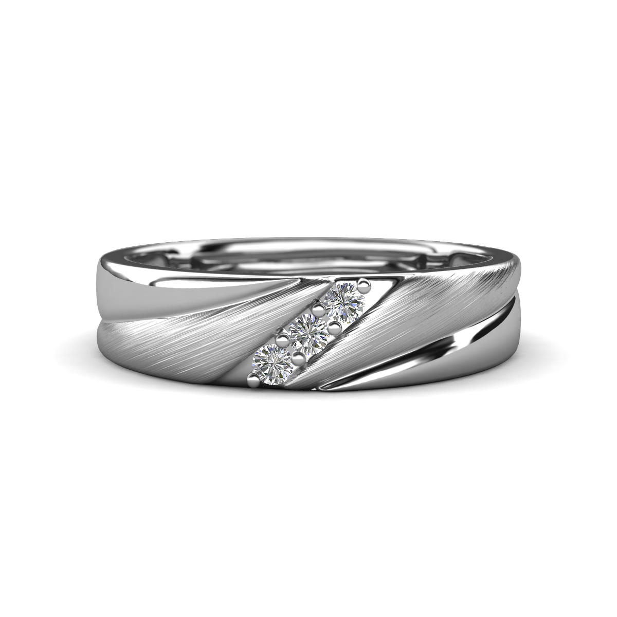 Amani Moissanite Angled Brushed and Polished Finish Men Three Stone Wedding Band (6 mm) 
