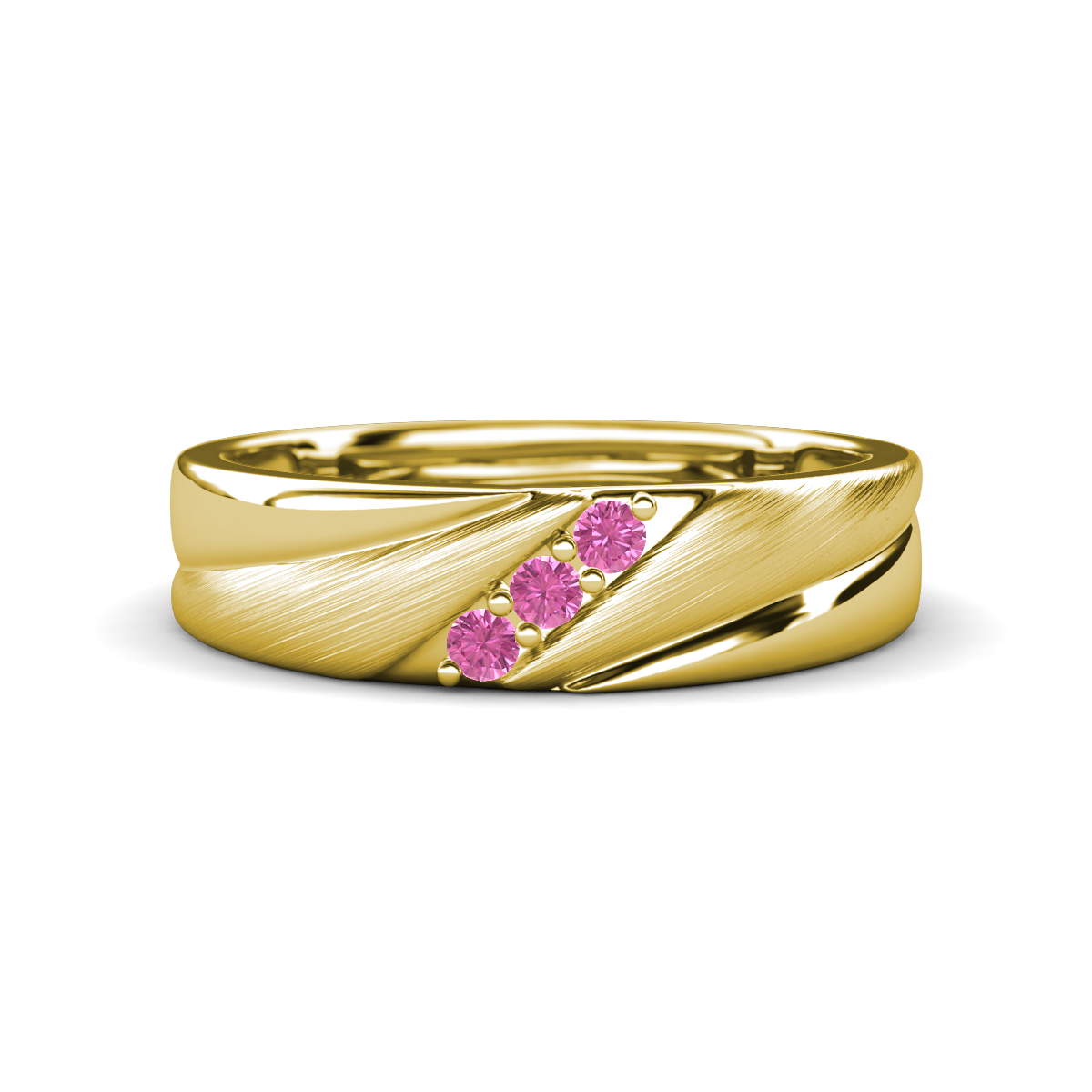 Amani Pink Sapphire Angled Brushed and Polished Finish Men Three Stone Wedding Band (6 mm) 