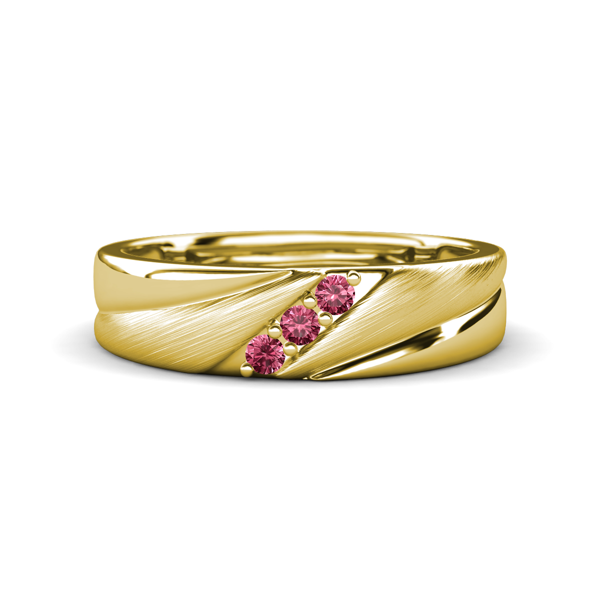 Amani Pink Tourmaline Angled Brushed and Polished Finish Men Three Stone Wedding Band (6 mm) 