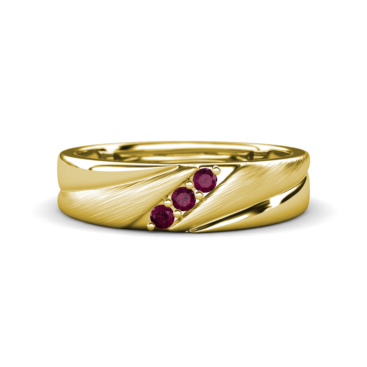 Amani Rhodolite Garnet Angled Brushed and Polished Finish Men Three Stone Wedding Band (6 mm) 