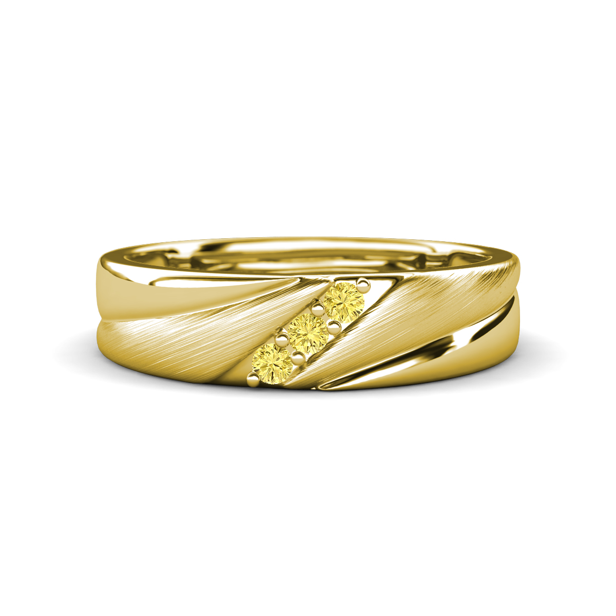 Amani Yellow Sapphire Angled Brushed and Polished Finish Men Three Stone Wedding Band (6 mm) 