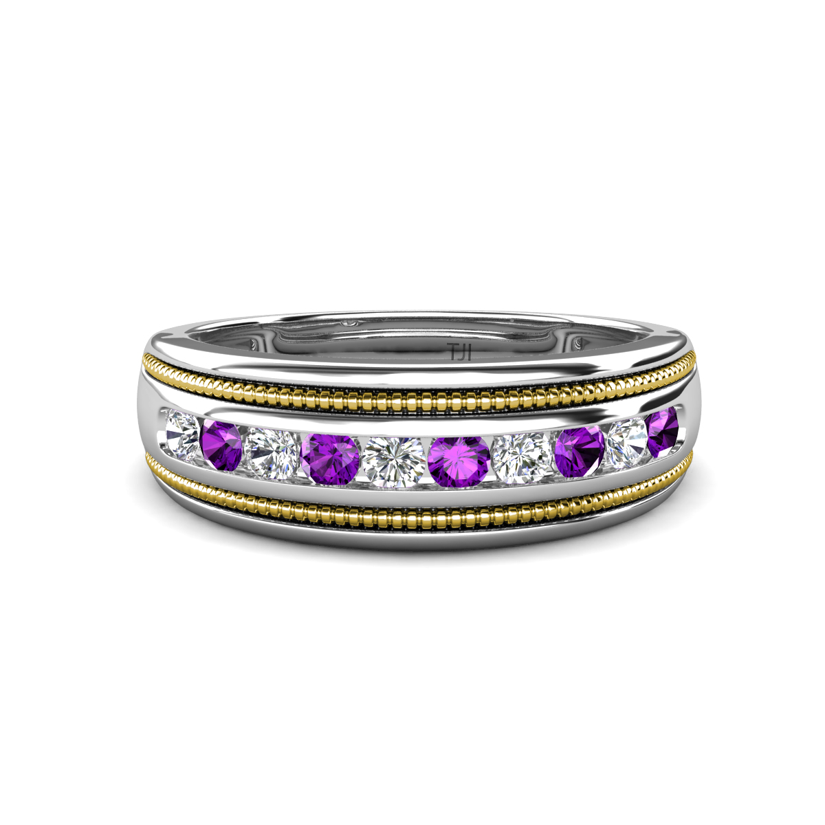 Zaid 0.58 ctw (2.40 mm) Round Lab Grown Diamond and Amethyst Two Toned and High Polished Edges Men Wedding Band 