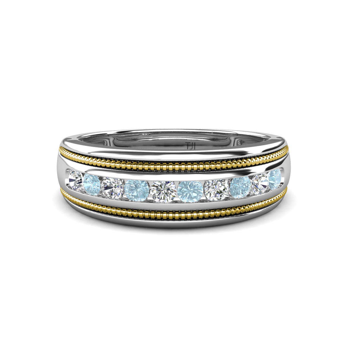 Zaid 0.45 ctw (2.40 mm) Round Lab Grown Diamond and Aquamarine Two Toned and High Polished Edges Men Wedding Band 