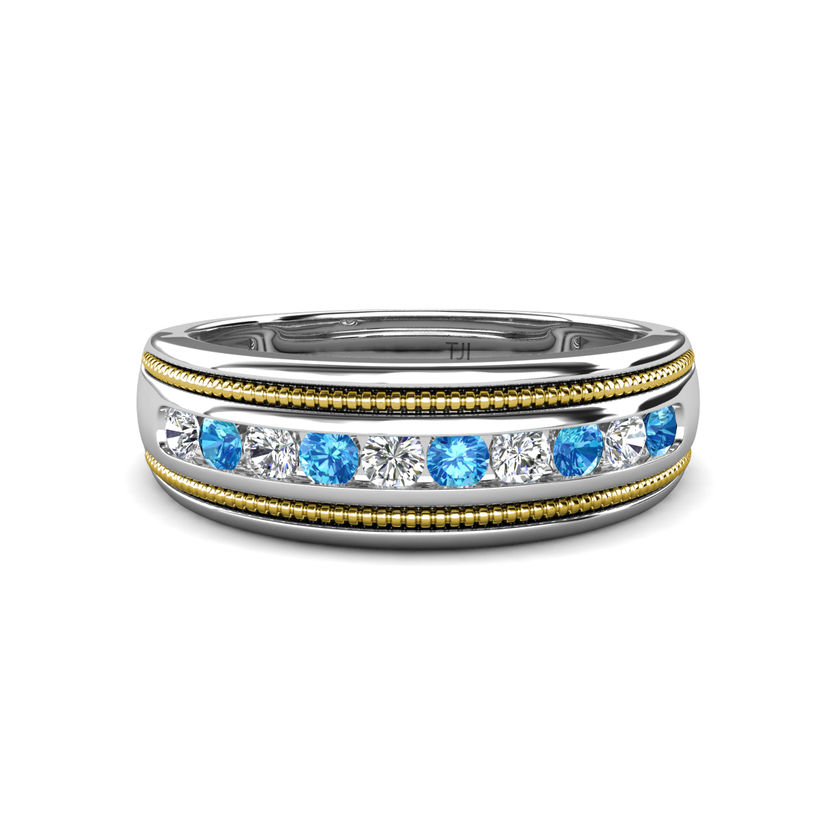 Zaid 0.50 ctw (2.40 mm) Round Lab Grown Diamond and Blue Topaz Two Toned and High Polished Edges Men Wedding Band 