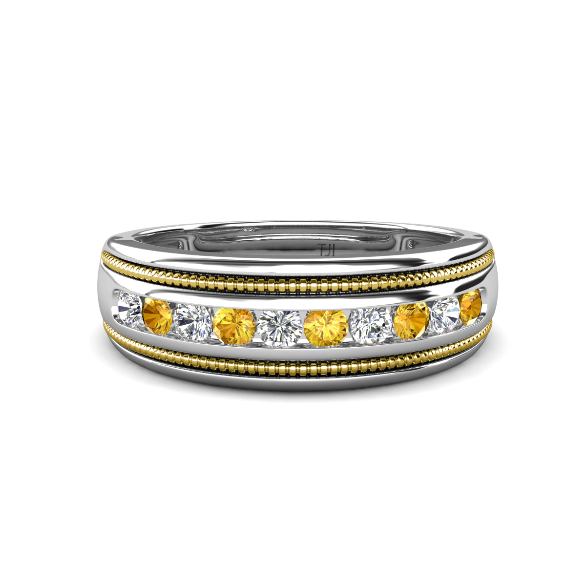 Zaid 0.58 ctw (2.40 mm) Round Lab Grown Diamond and Citrine Two Toned and High Polished Edges Men Wedding Band 
