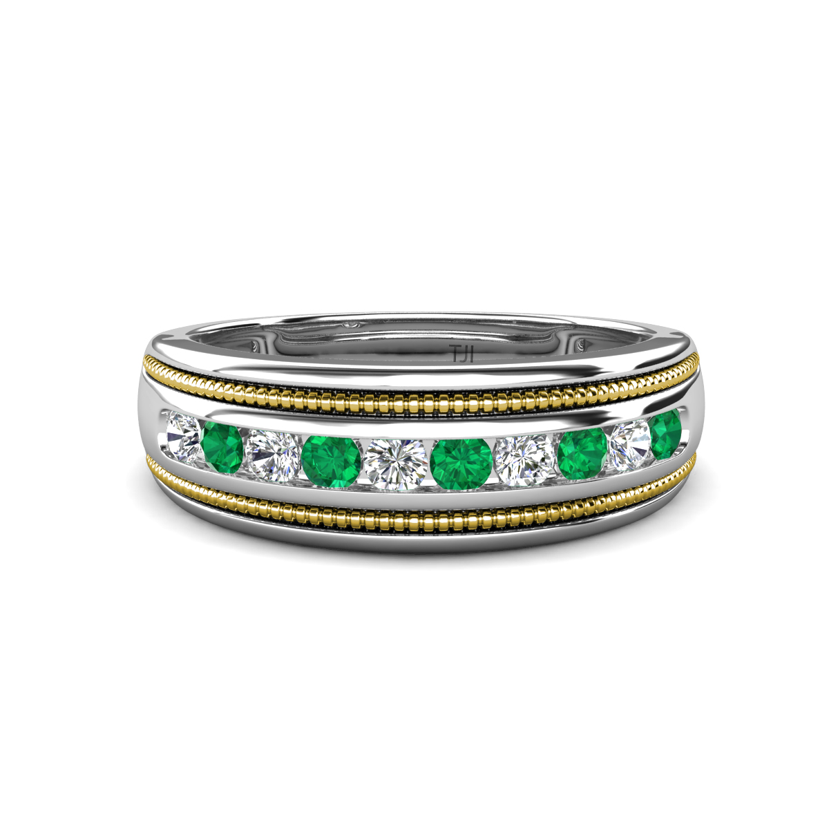 Zaid 0.45 ctw (2.40 mm) Round Lab Grown Diamond and Emerald Two Toned and High Polished Edges Men Wedding Band 