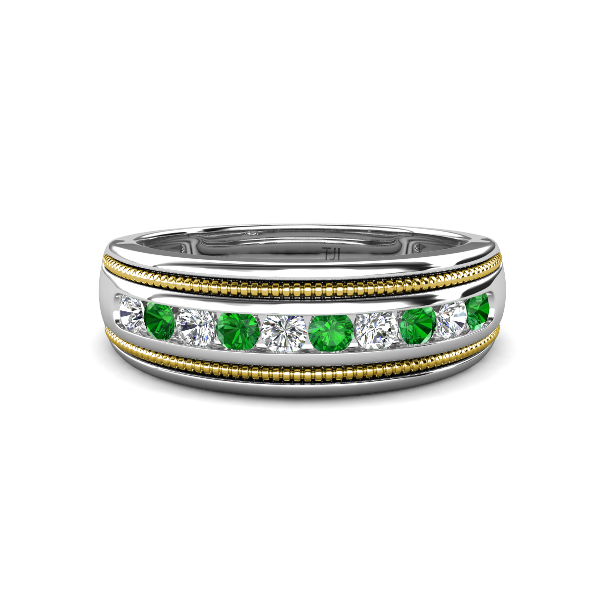 Zaid 0.59 ctw (2.40 mm) Round Lab Grown Diamond and Green Garnet Two Toned and High Polished Edges Men Wedding Band 