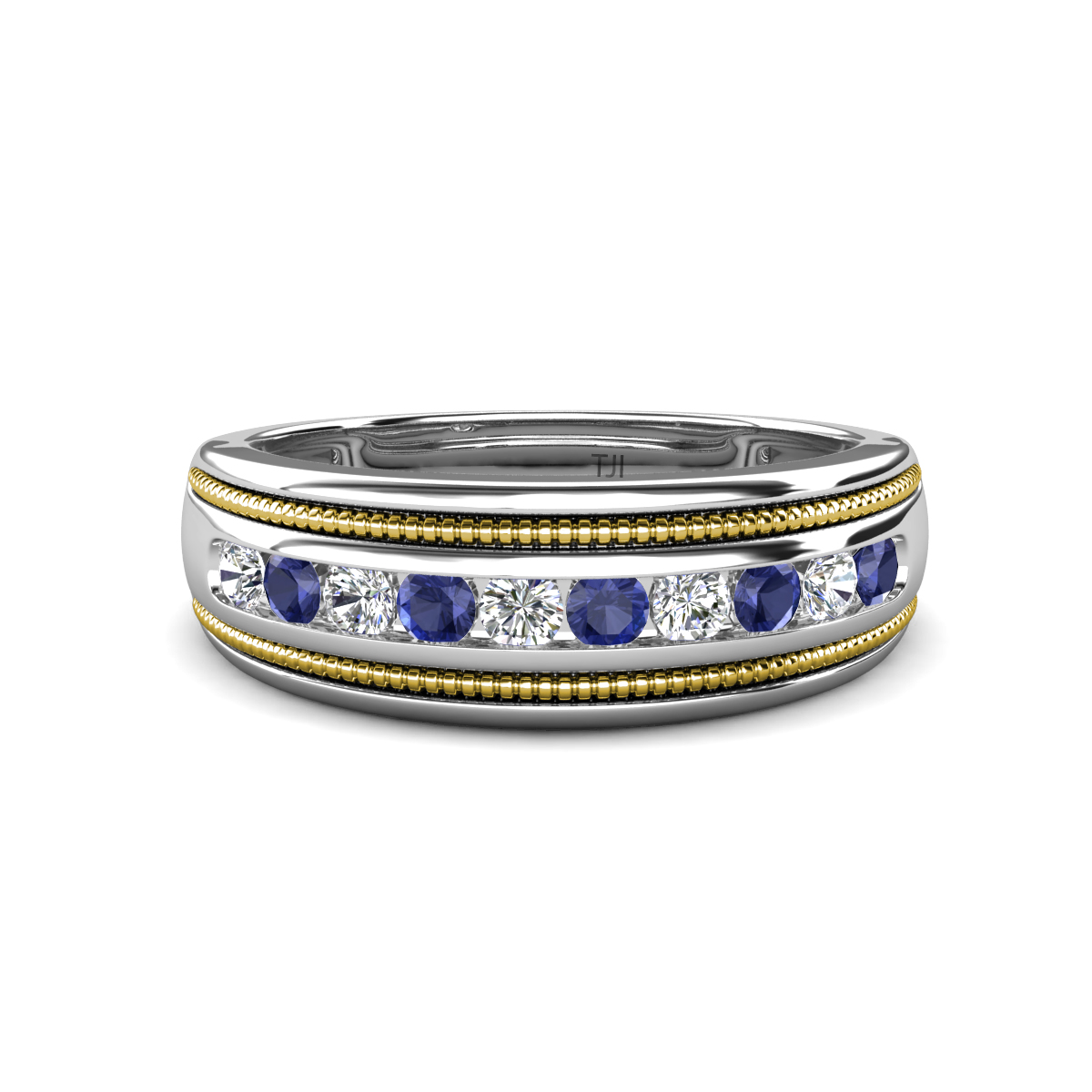 Zaid 0.45 ctw (2.40 mm) Round Lab Grown Diamond and Iolite Two Toned and High Polished Edges Men Wedding Band 