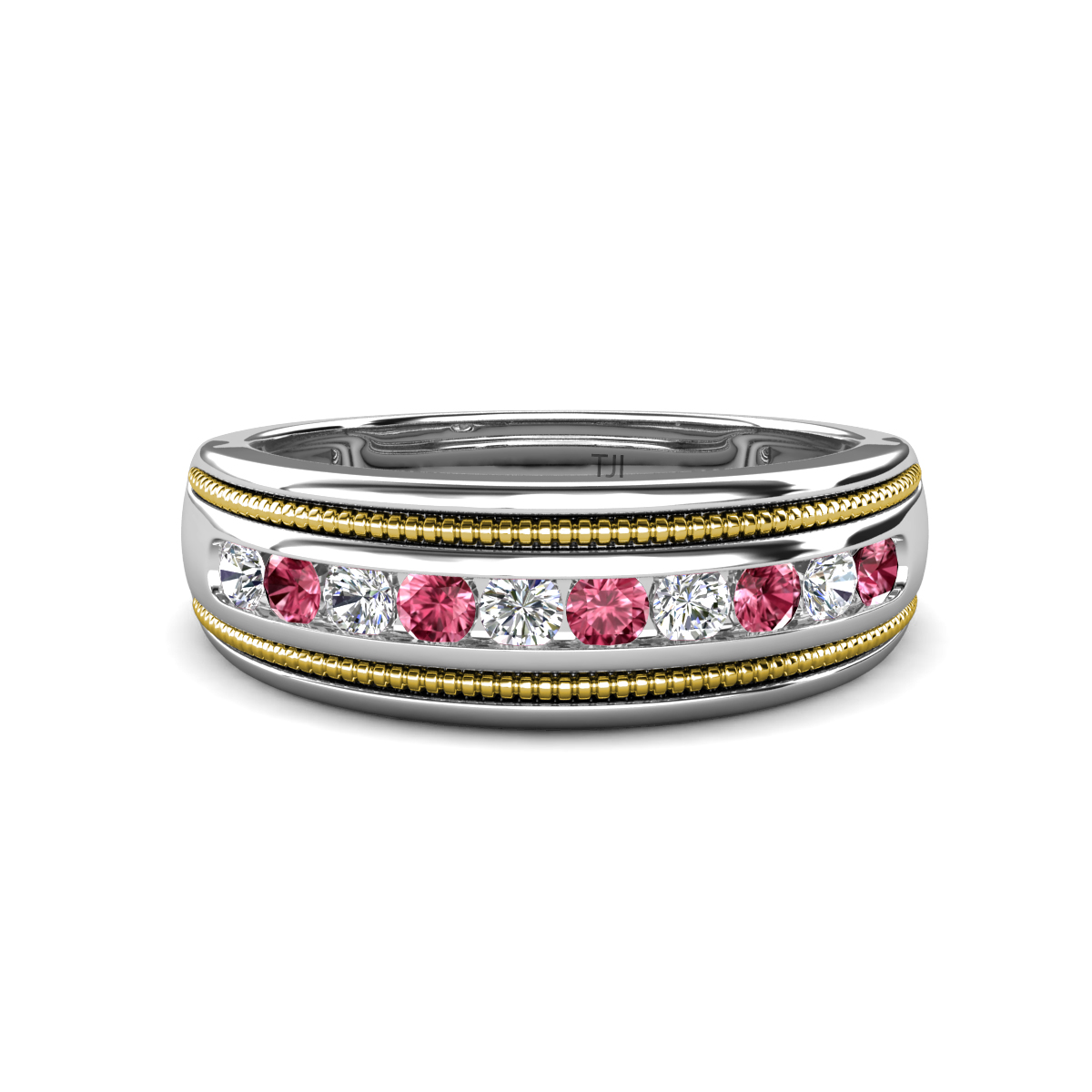 Zaid 0.45 ctw (2.40 mm) Round Lab Grown Diamond and Pink Tourmaline Two Toned and High Polished Edges Men Wedding Band 