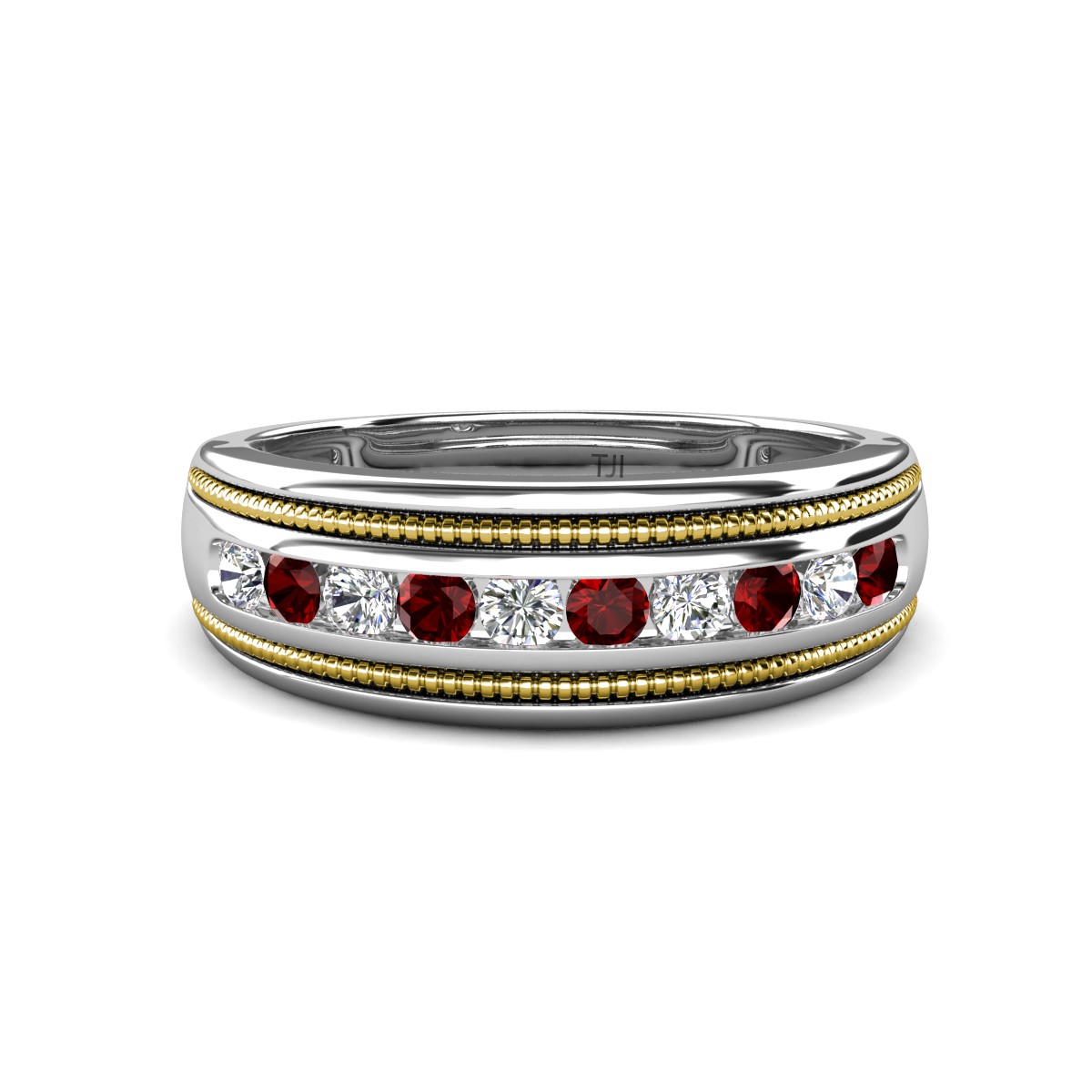 Zaid 0.59 ctw (2.40 mm) Round Lab Grown Diamond and Red Garnet Two Toned and High Polished Edges Men Wedding Band 
