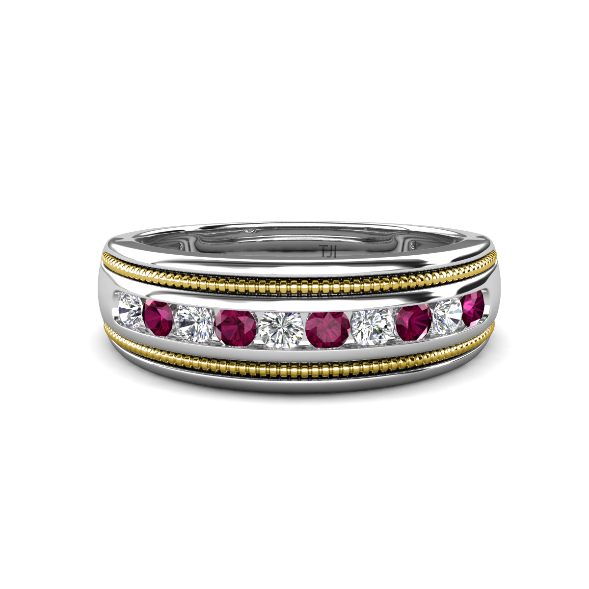Zaid 0.59 ctw (2.40 mm) Round Lab Grown Diamond and Rhodolite Garnet Two Toned and High Polished Edges Men Wedding Band 