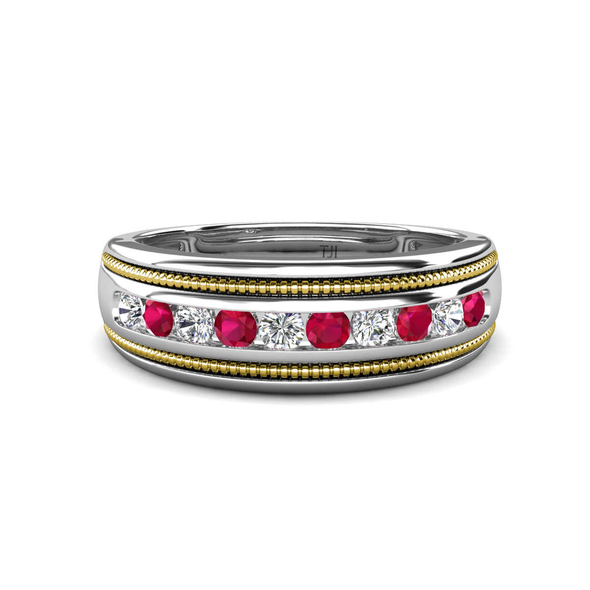 Zaid 0.55 ctw (2.40 mm) Round Lab Grown Diamond and Ruby Two Toned and High Polished Edges Men Wedding Band 