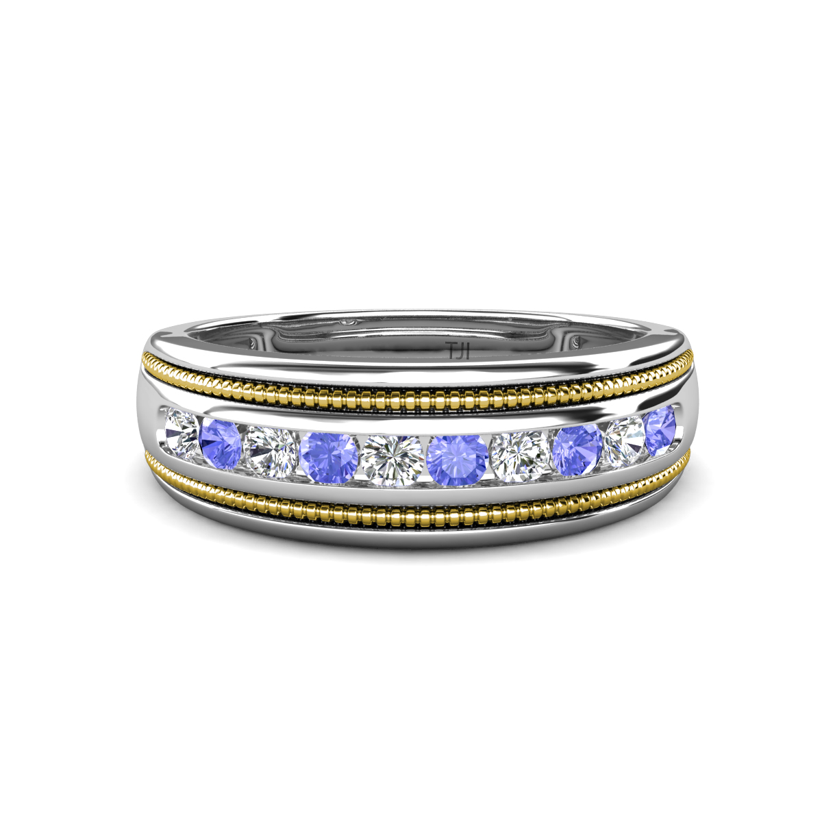 Zaid 0.53 ctw (2.40 mm) Round Lab Grown Diamond and Tanzanite Two Toned and High Polished Edges Men Wedding Band 